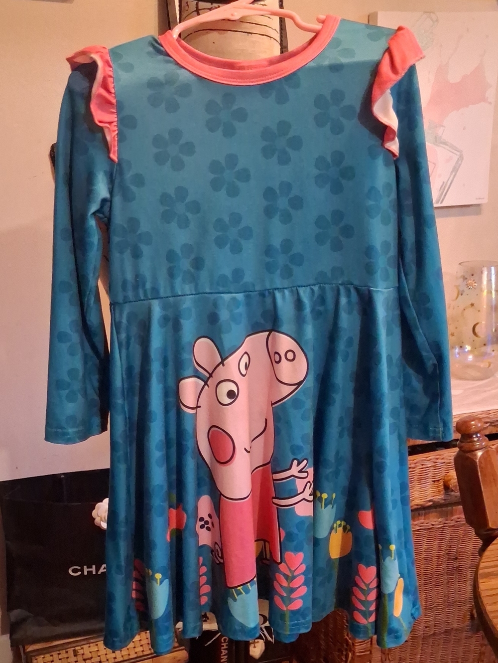 PatPat Blue and Pink Peppa Pig Floral Long-Sleeve Toddler  Girls Dress Size 4-5